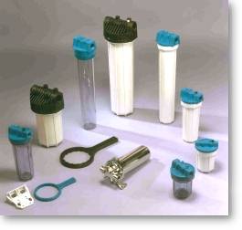 A selection of plastic and stainless steel filter housings
